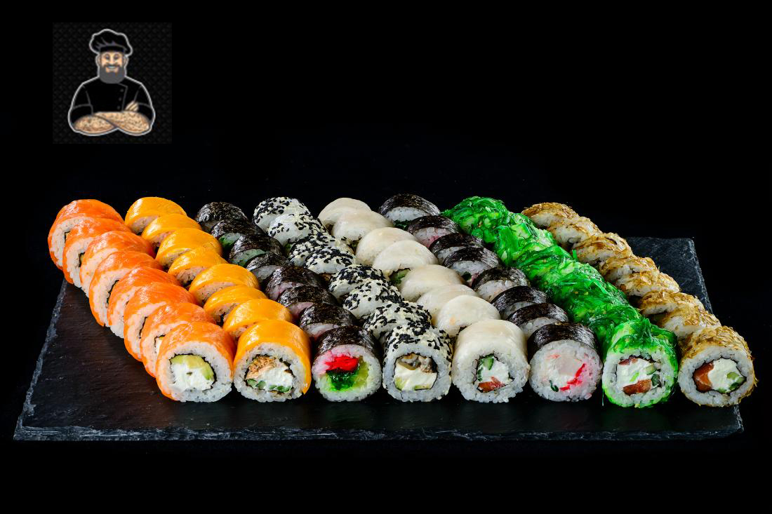 Большие наборы роллов. Сет ассорти, 60 шт. Огромный сет суши. Сет роллов. Императорский сет роллов 20 кг.